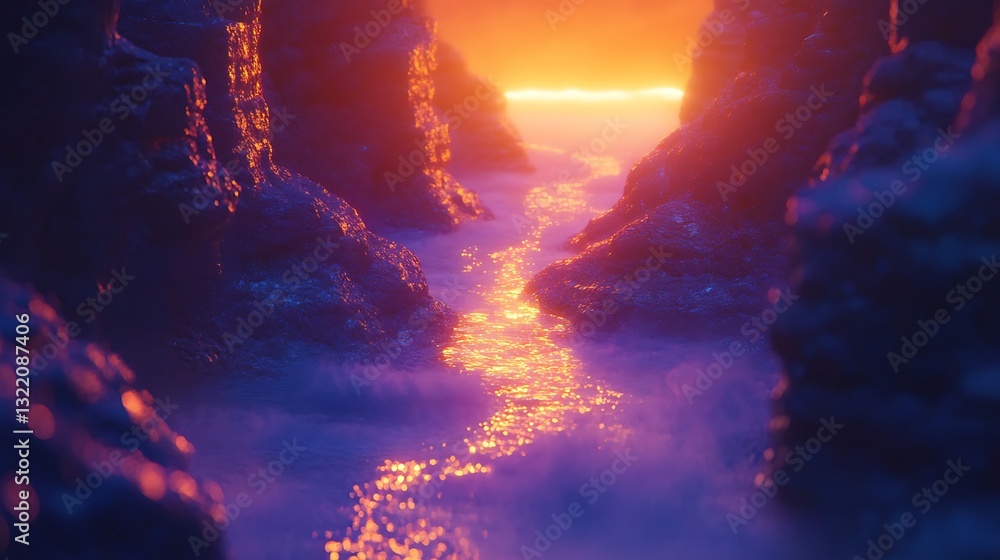 Poster a glowing canyon filled with mist and illuminated by the warm light of a setting sun, with a sparkli