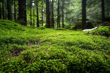 Obraz premium Lush green moss covering forest floor with tall trees and sunlight filtering through leaves in a serene woodland setting