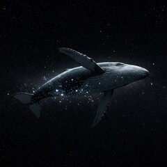 Humpback whale floating in cosmic night sky