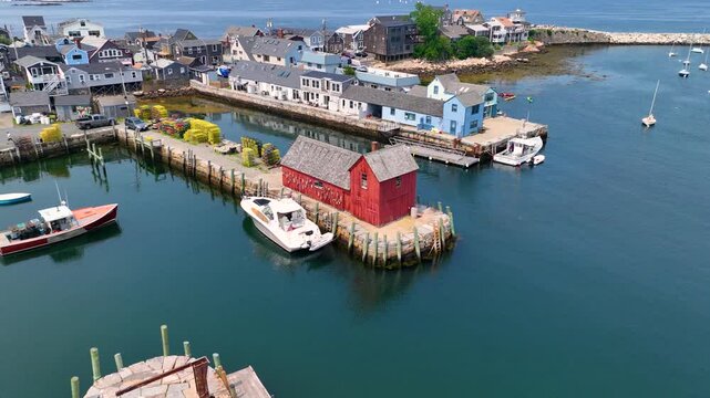 Motif Number 1 aerial view in historic waterfront village of Rockport, Massachusetts MA, USA. This building is a fishing shack built in 1840, it's the the most famous symbol of New England maritime. 