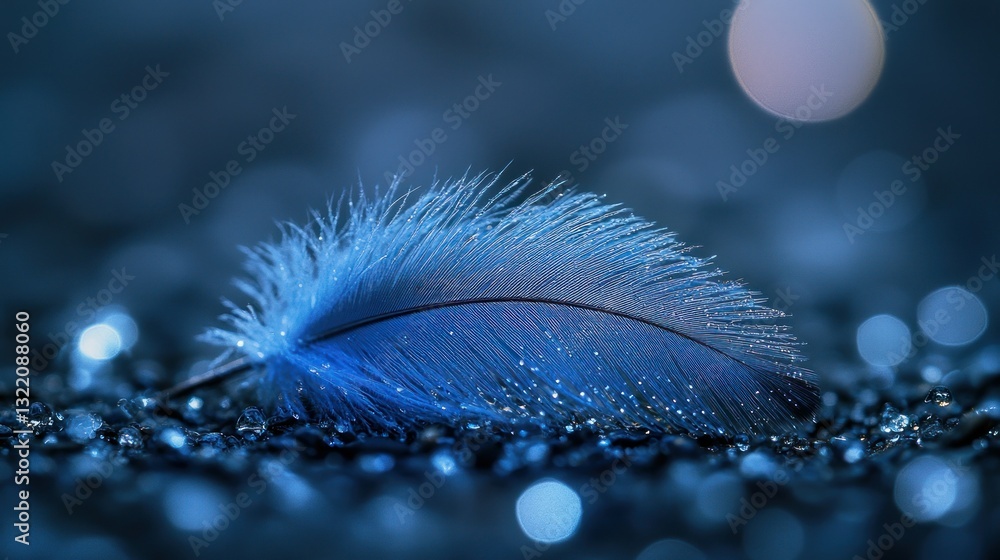 Poster blue feather rests on grainy surface; bokeh background adds soft glow to scene