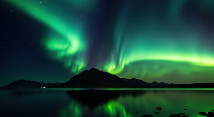 Naklejka premium Aurora Borealis Over Mountains: Night Sky Magic, Northern Lights Reflection, Scenic Landscape, Cosmic Dance
