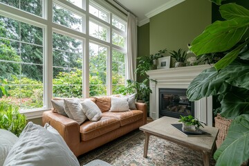 A classic green living room is made elegant by the presence of a fireplace and a piano