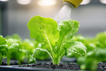 Misty humidity effectively nurtures lush leafy greens in a greenhouse. Water droplets cling to the leaves, highlighting the controlled environment's importance for growth