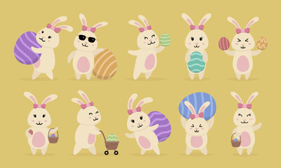 Cute and adorable Easter bunny flat illustration collection set on yellow background with flat design