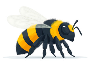 Cartoon illustration of a bee with yellow and black stripes transparent wings and fuzzy body isolated against a white background.