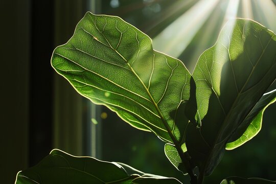 A close-up of a green leaf with sunlight is used in bio science to study chlorophyll and the process of photosynthesis in natural plants