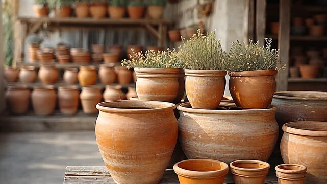 Collection of terracotta pots in a rustic market setting with herbs