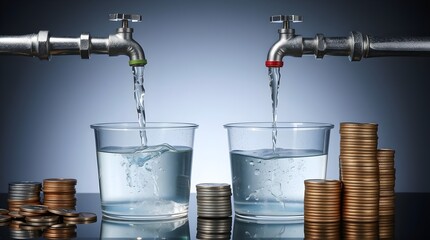 two faucet pipes pouring water into two buckets, with stacks of coins nearby, concept of multiple income stream	