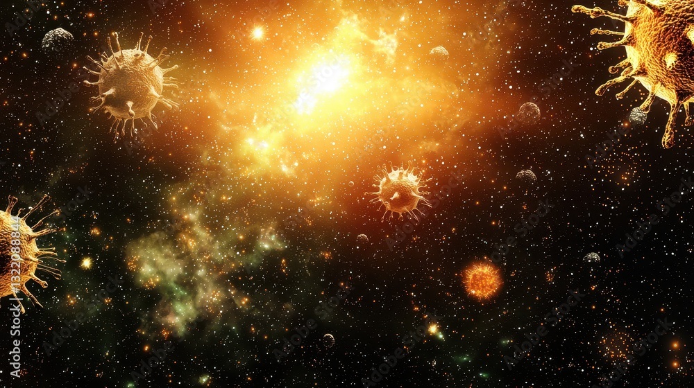 Poster cosmic scene with abstract microbes and colorful stellar background