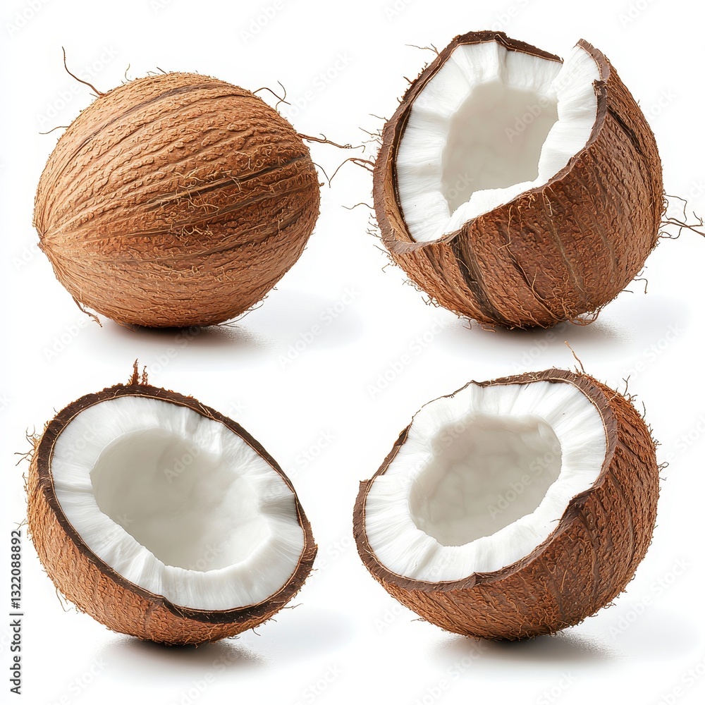 Poster coconut shells in various positions with outer texture and inner white flesh on bright background fo