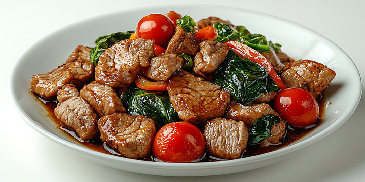Delicious plate of seasoned meat pieces with spinach and red cherry tomatoes served on a white plate.