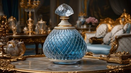 Fototapeta premium Blue glass decanter on ornate table in gilded, luxurious setting