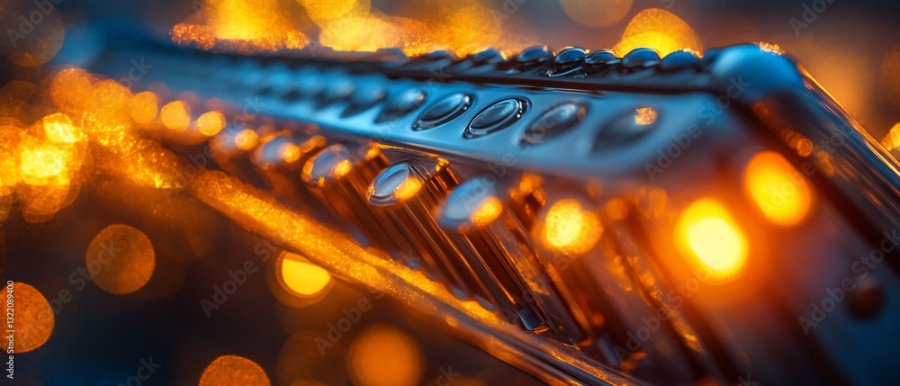 Aufkleber sleek metallic device with numerous knobs and buttons, illuminated by warm bokeh lights