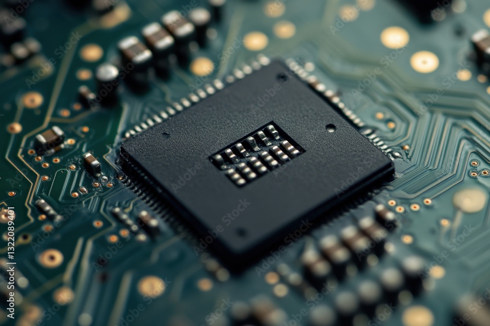 Poster this closeup photo captures a detailed view of a computer chip placed on a printed circuit board the