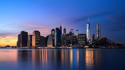 Fototapeta premium Panoramic View Of Illuminated New York City Skyline At Sunset With Reflections In The East River During Blue Hour