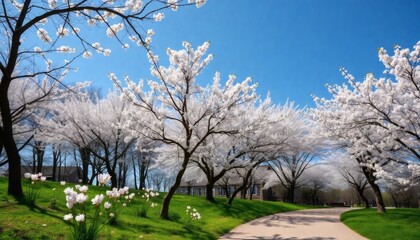 Naklejka premium Spring Blossoms, Pathway, Trees, Flowers