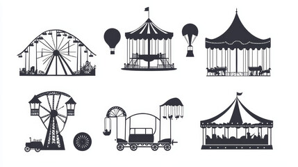 Fun amusement carnival park attractions and carousels black silhouettes. Funfair circus tent, swings, train and hot air balloon vector set. Elements for family rest or leisure time in park
