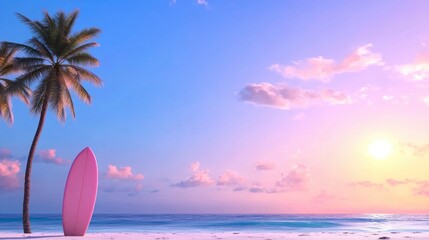 Pink surfboard leaning against palm tree on tropical beach at sunset.