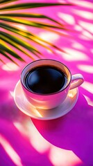   A cup of coffee on a saucer atop a table