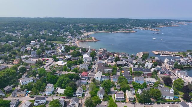 Aerial view of First Congregational Church and Front Beach in historic town center of Rockport, Massachusetts MA, USA. 