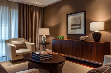 Fototapeta premium Elegant Living Room Interior with Modern Furniture and Warm Color Palette