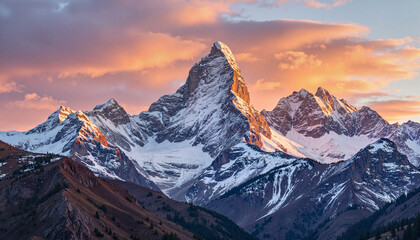 Fototapeta premium Dramatic sunset illuminating snow-capped peaks, nature's grandeur