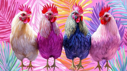 Fototapeta premium A group of three chickens stand together on a palm-leaf covered ground in front of a pink backdrop