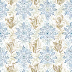 Fototapeta premium Seamless Floral Pattern with Blue and Gold Flowers and Leaves.