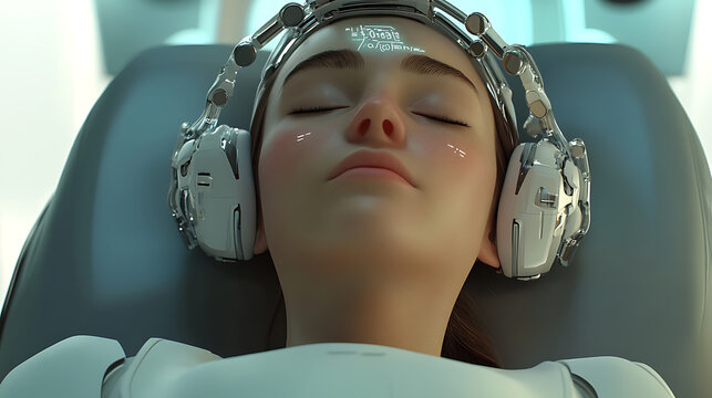 Realistic close-up animation of futuristic biofeedback technology measuring stress levels and instantly providing relaxation techniques 