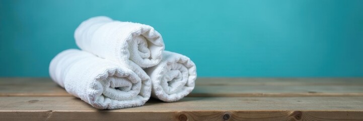 Soft white towels folded on rustic wood, serene blue backdrop, beauty, treatment, hotel