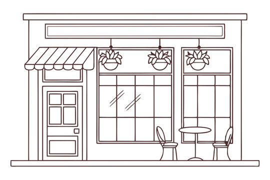 Cozy Cafe Design Featuring Hanging Plants &ndash; Vector Line Art