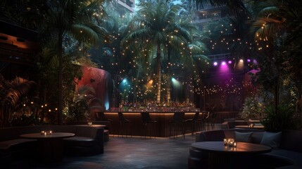 Obraz premium Tropical Nightclub Interior with Bar, Lush Plants, and Lighting