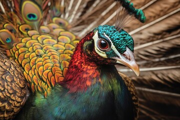 Obraz premium This closeup photo captures a peacock proudly displaying its vibrant feathers in an open position Majestic complex patterns found in a peacocks tail .