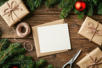 Fototapeta premium Festive Christmas crafting supplies. Blank card, craft paper wrapped gifts, twine, and Christmas ornaments on a rustic wooden surface