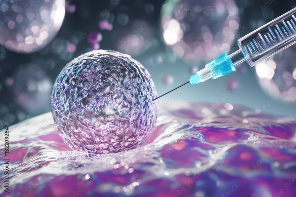 Aufkleber injection of substance into cell with syringe and abstract background