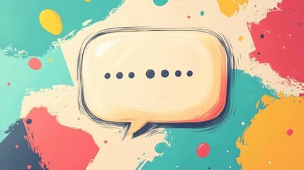 A speech bubble with dots sits amid colorful painted backgrounds