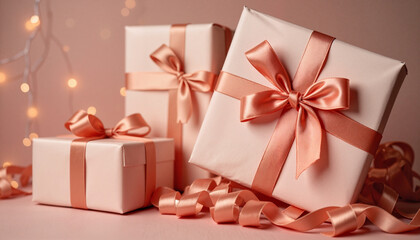 Elegant wrapped gifts with soft ribbons on pastel background, celebration