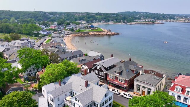 Front Beach aerial view at Sandy Bay in historic waterfront village of Rockport, Massachusetts MA, USA. 
