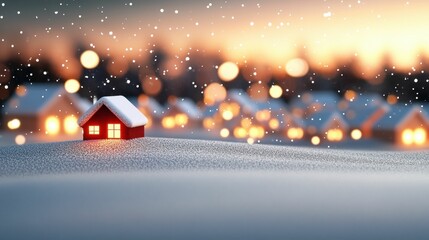 Snowy village scene with glowing red rooftops and festive lights, warm and magical winter atmosphere