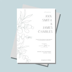 Line Art Eucalyptus. Eucayptus Wedding Invitation template, Outline Eucalyptus Minimalist Wedding Design, Greenery Wedding invite template