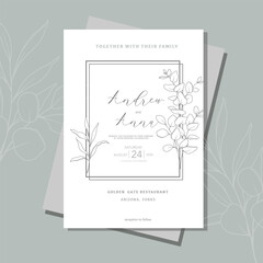 Line Art Eucalyptus. Eucayptus Wedding Invitation template, Outline Eucalyptus Minimalist Wedding Design, Greenery Wedding invite template