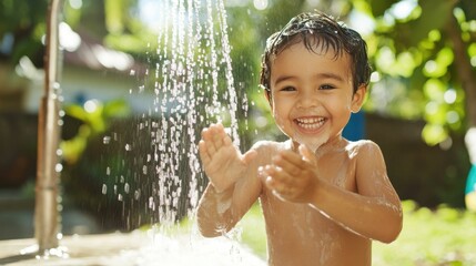 A small boy washing his hands at a communal tap, rustic background, hygienic and resilient rural activity