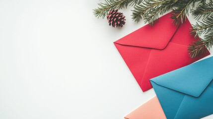 Flat-lay of holiday cards and envelopes with vibrant designs, creative and cheerful festive setup