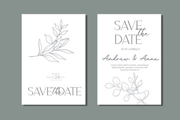 Line Art Eucalyptus. Eucayptus Wedding Invitation template, Outline Eucalyptus Minimalist Wedding Design, Greenery Wedding invite template