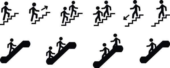 Man with Staircase or Stairs Pictogram vector. Cliparts depict various actions of a person with stairs. Man walks up and down the stairs, stick figure pictograms people, human silhouette icon set. © WaQar