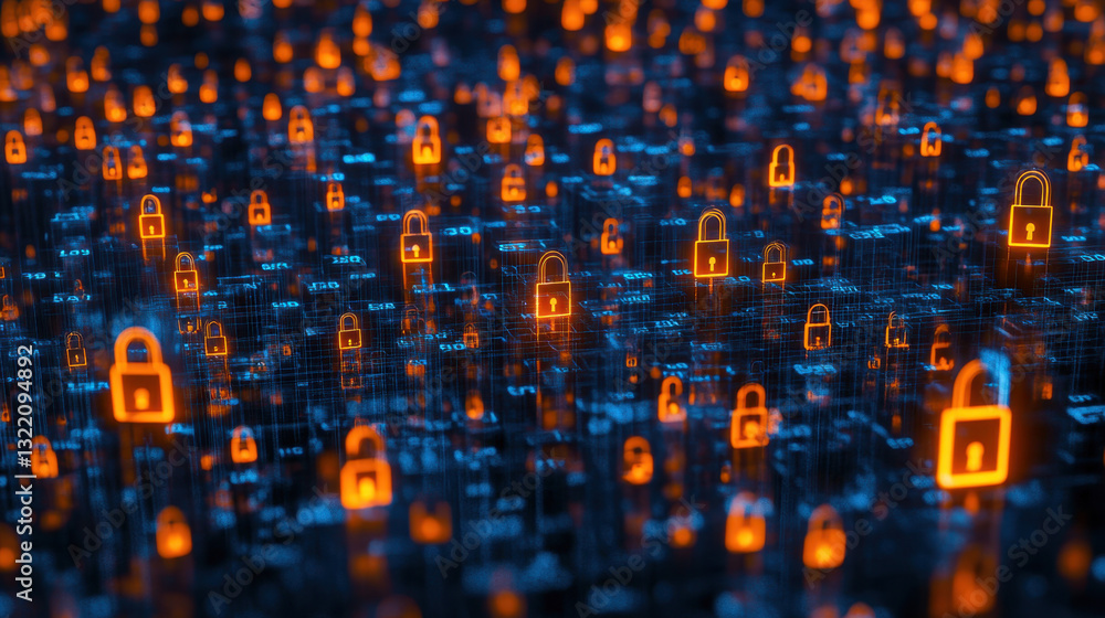 Poster a vast array of glowing padlocks fills a digital landscape, surrounded by blue circuitry against an 