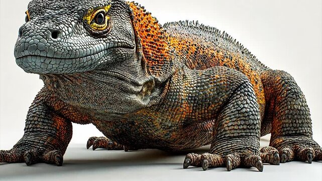 Realistic depiction of a vibrant, large lizard in a studio setting