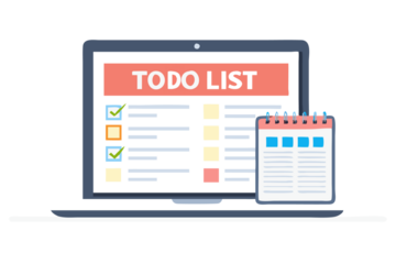 Flat vector illustration of a modern laptop displaying a digital to-do list with colorful checkboxes. A spiral calendar sits beside the laptop, symbolizing productivity, task management