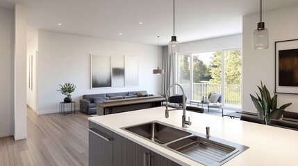 Modern kitchen and living room design showcasing spacious layout and natural light in a contemporary home setting